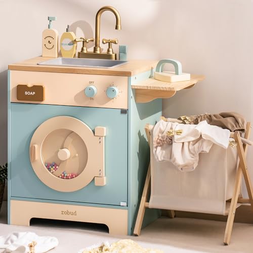 ROBUD Kinder-Waschmaschine aus Holz mit Wäschekorb, Bügelbrett, Waschmittel und mehr, geeignet für Kinder ab 3 Jahren. von ROBUD