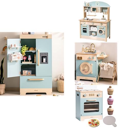 ROBUD Kinderküche Holz Spielküche mit Kühlschrank, Backofen & Waschmaschine – Rollenspiel-Küchenset für Kinder ab 3 Jahren von ROBUD