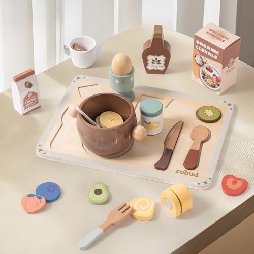 ROBUD Holzspielzeug Spielküche Zubehör, 31 Pcs Spielzeug-Lebensmittel Frühstücksset mit Kokosnussschale, Speiseteller, Obstdessert, Holz Kinderküche Zubehör, Geschenke für Mädchen Jungen ab 3-6 Jahren von ROBUD