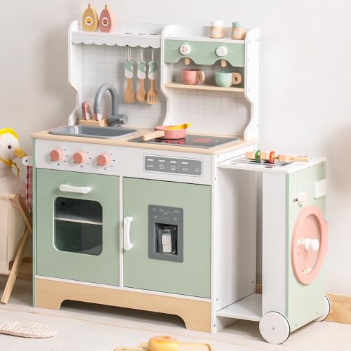 ROBUD Kinderküche aus Holz mit Kaffeemaschine, Eiswürfelmaschine, Grill, Geschirr und Spielzeugessen - Geeignet für Kinder ab 3 Jahren von ROBUD