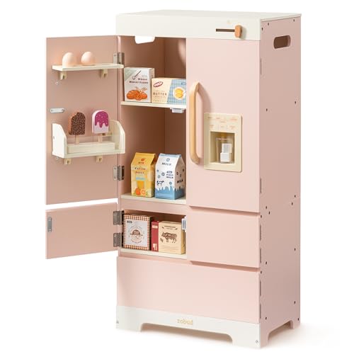 ROBUD Kühlschrank aus Holz - Realistisch und interaktiv mit Eiswürfelbereiter und Lebensmittel-Spielzeug - Geeignet für Kinder ab 3 Jahren - Rosa ROBUD Kühlschrank aus Holz - Realistisch und interaktiv mit Eiswürfelbereiter und Lebensmittel-Spielzeug - Geeignet für Kinder ab 3 Jahren - Rosa von ROBUD
