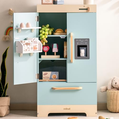 ROBUD Kühlschrank aus Holz - Realistisch und interaktiv mit Eiswürfelbereiter und Lebensmittel-Spielzeug - Geeignet für Kinder ab 3 Jahren von ROBUD