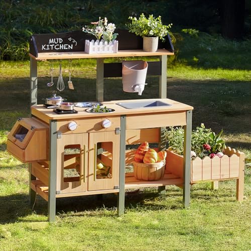 ROBUD Matschküche Spielküche Holz für Kinder – Kinderküche Outdoor für draußen mit echtem Wasserhahn, Pflanzkasten, Insektenbeobachtung – Garten Spielzeug Kinder Geschenke ab 3 Jahren von ROBUD