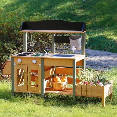 ROBUD Matschküche für Kinder, Holz-Spielküche mit Wasserhahn, Pflanzkasten, Ablageflächen, Naturholz von ROBUD
