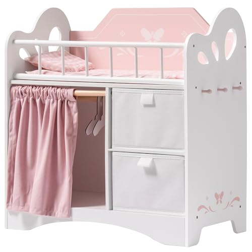 ROBUD Puppenbett Holz, Spielzeug Puppen Bett mit Kleiderschrank, Bettwäsche, Stauraum und Haken, Puppenbett für Puppen bis 55 cm, Puppenzubehör für Kinder ab 3 Jahren Mädchen (Rosa) von ROBUD