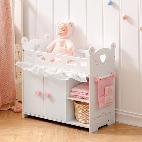 ROBUD Puppenbett mit Kleiderschrank – Holz Spielmöbel für Puppen bis 55 cm, mit Zubehör & großem Stauraum, Weiß ROBUD Puppenbett mit Kleiderschrank – Holz Spielmöbel für Puppen bis 55 cm, mit Zubehör & großem Stauraum, Weiß von ROBUD