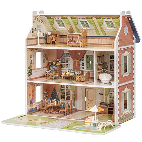 ROBUD Puppenhaus, Holzpuppenhaus für Kinder Mädchen, Rollenspielzeug, Geschenk für 3 4 5 6 Jahre alte Mädchen und Jungen von ROBUD