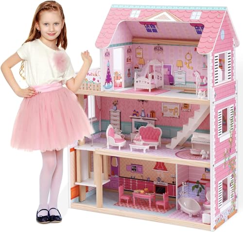 ROBUD Puppenhaus Holz Kinder Spielzeug ab 3 Jahre Mädchen | Dollhouse Spielzeug 2 3 4 5 Jahren Mädchen Puppenhaus Groß Kinderspielzeug Haus mit Zubehör Geschenk für Mädchen Kinder 3-4-5-6 Jahre von ROBUD