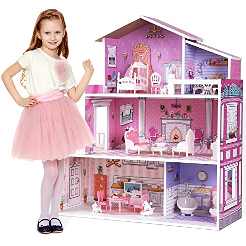 ROBUD Puppenhaus Holz Spielzeug für Kinder, Mädchen Dollhouse Puppenhaus mit Möbeln und Zubehör, Mädchen Puppenspielzeug-Set Holzpuppenhaus, Kinder Geschenke für Mädchen ab 3 Jahren von ROBUD