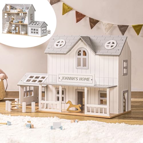 ROBUD Puppenhaus aus Holz,Bauernhofhütte mit Pferdestall und Möbeln,für Kinder ab 3 Jahren,Rollenspiel-Spielzeughaus von ROBUD