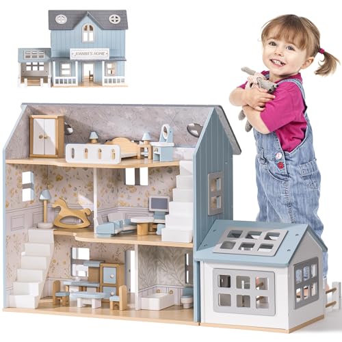 ROBUD Puppenhaus aus Holz,Bauernhofhütte mit Pferdestall und Möbeln,für Kinder ab 3 Jahren,Rollenspiel-Spielzeughaus von ROBUD