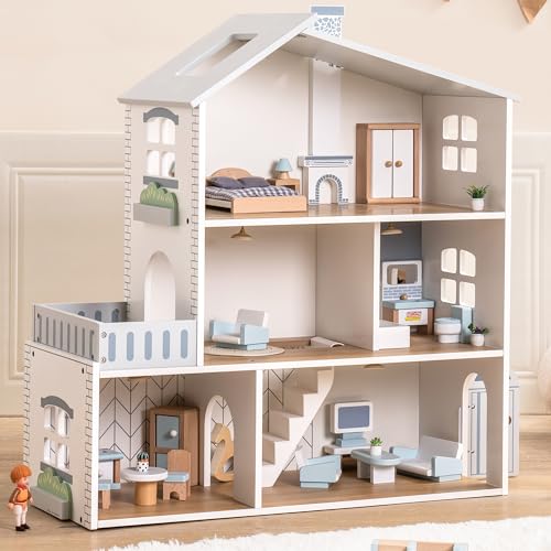 ROBUD Puppenhaus aus Holz Lichtern,3 Etagen, inklusive Möbeln und Treppe,Spielzeug für Kinder ab 3 Jahre von ROBUD