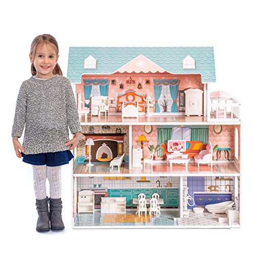 ROBUD Puppenhaus aus Holz mit Möbeln und Zubehör Mädchen Häuser Spielhaus Spielraum Spielzeug für Kinder von ROBUD