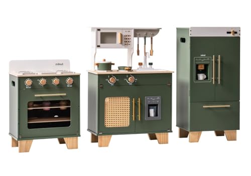ROBUD Spielküche Holz, 3-teiliges Küchenspielzeug mit Backofen & Kühlschrank, Kinder-Spielset, Spielzeugküche, Spielzeugbackofen, Spielzeugkühlschrank, Vintage-Grün, WCF38 von ROBUD