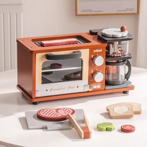 ROBUD Spielküche Zubehör, Holz Frühstücksautomat Kinder Küche Set mit Kaffeemaschine, Backofen, Grillplatte, Spielzeug Lebensmittel – Realistisches Spielküchen für Kinder ab 3 Jahren (Karamell) von ROBUD
