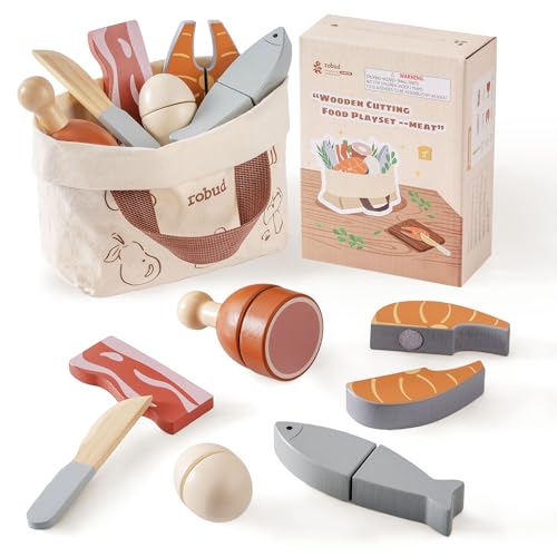 ROBUD Holz Lebensmittel Kinderküche Set, Spielküchen Zubehör Holz Schneiden Spielzeug-lebensmitteln für Kinder, Lebensmittel mit Aufbewahrungstasche, Geschenk für Kinder ab 3 Jahren, Fleischset ROBUD Holz Lebensmittel Kinderküche Set, Spielküchen Zubehör Holz Schneiden Spielzeug-lebensmitteln für Kinder, Lebensmittel mit Aufbewahrungstasche, Geschenk für Kinder ab 3 Jahren, Fleischset von ROBUD