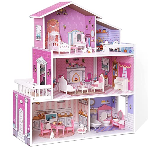 ROBUD hölzernes Puppenhaus Spielset, 3 Geschichten, 5 Zimmer, 24 PCS Möbel, vorgeben Spiel Spielzeug Geschenk für Kinder Kleinkinder Mädchen von ROBUD