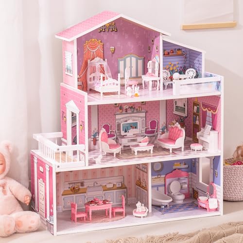 ROBUD hölzernes Puppenhaus Spielset, 3 Geschichten, 5 Zimmer, 24 PCS Möbel, vorgeben Spiel Spielzeug Geschenk für Kinder Kleinkinder Mädchen von ROBUD