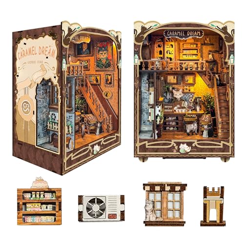 Caramel Dreams Cat Café DIY Book Nook Kit - Touch Light, Miniatur Coffee Shop mit interaktiven Mechanismen, 3D Holzpuzzle für Bücherregal Dekor, für Katzenliebhaber und Heimwerker Caramel Dreams Cat Café DIY Book Nook Kit - Touch Light, Miniatur Coffee Shop mit interaktiven Mechanismen, 3D Holzpuzzle für Bücherregal Dekor, für Katzenliebhaber und Heimwerker von ROCOXIA