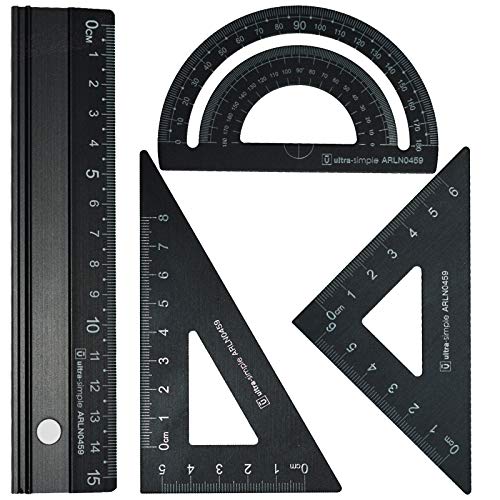 RODMAIE Metall Architekten-Skala Lineal Set 4 PCS Technisches Zeichnungsset, Mathematik Geometrie Werkzeug, Winkelmesser, Dreieck, Architekten Lineal Set für Schüler von RODMAIE