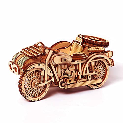 Motorrad mit Beiwagen 3D-Puzzles – Motorrad Dreirad Holzmodellbausätze für Erwachsene zum Bauen – Retro Design Beiwagen Motorrad Modellbausatz – Modellbausatz von ROEOLNIL