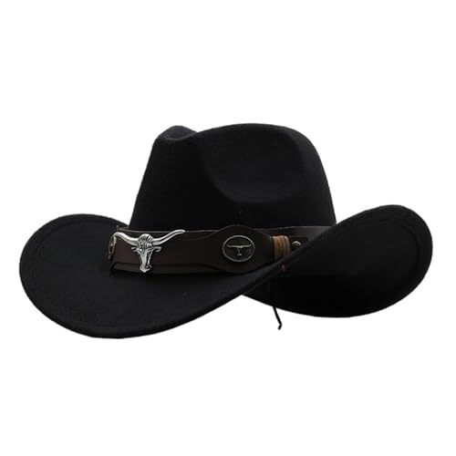 Cowboyhut Rollkrempe Cowgirl Cap Cowboy Jazz Fedora Hüte Filzkappe mit Kuhband for Damen Herren Kinder Für Junggesellinnenabschied, Halloween(Black,Kids 52-54cm) von ROEUIPG
