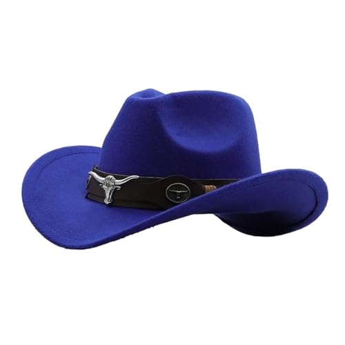 Cowboyhut Rollkrempe Cowgirl Cap Cowboy Jazz Fedora Hüte Filzkappe mit Kuhband for Damen Herren Kinder Für Junggesellinnenabschied, Halloween(Blue,Adults 56-58cm) von ROEUIPG
