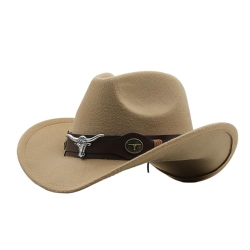 Cowboyhut Rollkrempe Cowgirl Cap Cowboy Jazz Fedora Hüte Filzkappe mit Kuhband for Damen Herren Kinder Für Junggesellinnenabschied, Halloween(Camel,Kids 52-54cm) von ROEUIPG