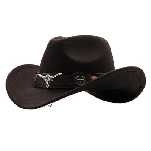 Cowboyhut Rollkrempe Cowgirl Cap Cowboy Jazz Fedora Hüte Filzkappe mit Kuhband for Damen Herren Kinder Für Junggesellinnenabschied, Halloween(Coffee,Kids 52-54cm) von ROEUIPG