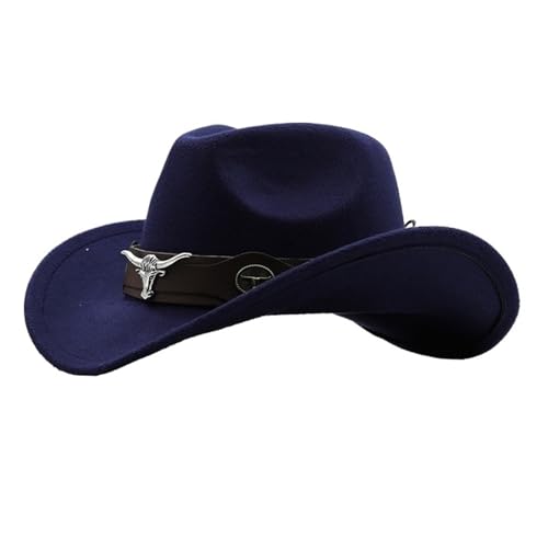 Cowboyhut Rollkrempe Cowgirl Cap Cowboy Jazz Fedora Hüte Filzkappe mit Kuhband for Damen Herren Kinder Für Junggesellinnenabschied, Halloween(Dark blue,Adults 56-58cm) von ROEUIPG