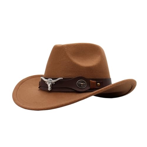 Cowboyhut Rollkrempe Cowgirl Cap Cowboy Jazz Fedora Hüte Filzkappe mit Kuhband for Damen Herren Kinder Für Junggesellinnenabschied, Halloween(Khaki,Adults 56-58cm) von ROEUIPG