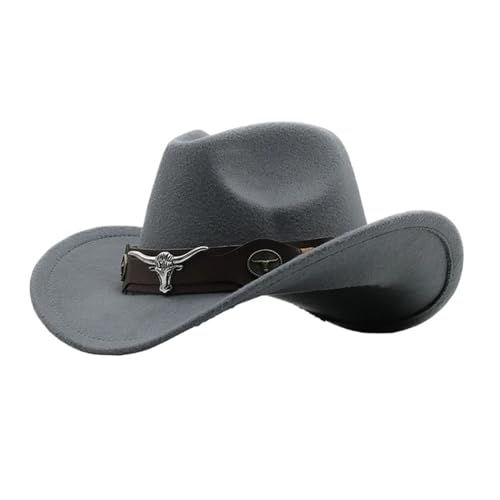 Cowboyhut Rollkrempe Cowgirl Cap Cowboy Jazz Fedora Hüte Filzkappe mit Kuhband for Damen Herren Kinder Für Junggesellinnenabschied, Halloween(Light grey,Adults 56-58cm) von ROEUIPG