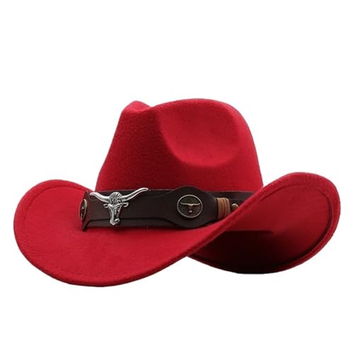 Cowboyhut Rollkrempe Cowgirl Cap Cowboy Jazz Fedora Hüte Filzkappe mit Kuhband for Damen Herren Kinder Für Junggesellinnenabschied, Halloween(Red,Adults 56-58cm) von ROEUIPG