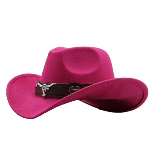 Cowboyhut Rollkrempe Cowgirl Cap Cowboy Jazz Fedora Hüte Filzkappe mit Kuhband for Damen Herren Kinder Für Junggesellinnenabschied, Halloween(Rose red,Adults 56-58cm) von ROEUIPG