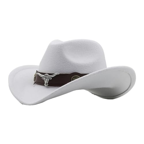Cowboyhut Rollkrempe Cowgirl Cap Cowboy Jazz Fedora Hüte Filzkappe mit Kuhband for Damen Herren Kinder Für Junggesellinnenabschied, Halloween(White,Adults 56-58cm) von ROEUIPG