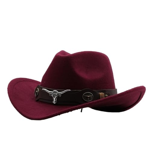 Cowboyhut Rollkrempe Cowgirl Cap Cowboy Jazz Fedora Hüte Filzkappe mit Kuhband for Damen Herren Kinder Für Junggesellinnenabschied, Halloween(Wine red,Kids 52-54cm) von ROEUIPG