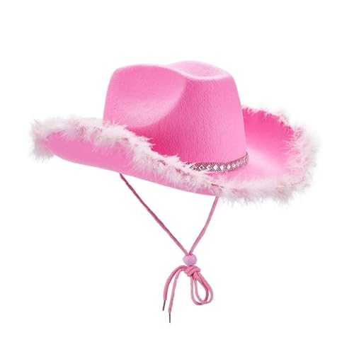 Damen Cowboyhut Damen Einfarbige Federn Spleißen Breite Krempe Flache Oberseite UV-beständige Sonnenschutzkappe Party Requisiten Für Junggesellinnenabschied, Halloween(Pink) von ROEUIPG