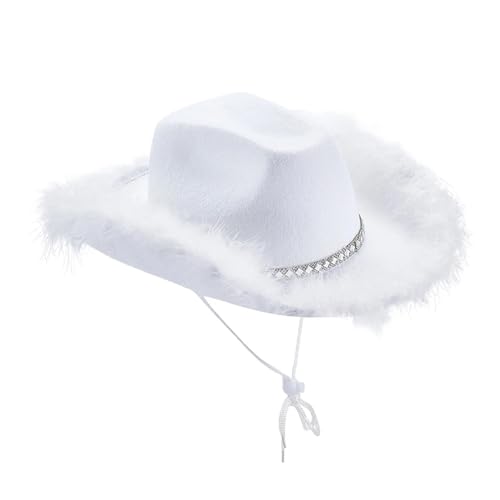 Damen Cowboyhut Damen Einfarbige Federn Spleißen Breite Krempe Flache Oberseite UV-beständige Sonnenschutzkappe Party Requisiten Für Junggesellinnenabschied, Halloween(WHITE) von ROEUIPG