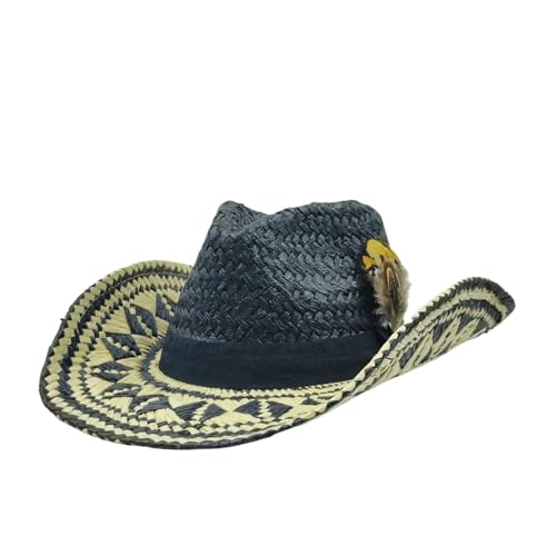 ROEUIPG Cowboy-Strohhut, Federhut for Männer, große Krempe, Strohhut, Sommer-Cowboy-Sonnenschirm, Jazzhut Für Junggesellinnenabschied, Halloween(Color 01) von ROEUIPG