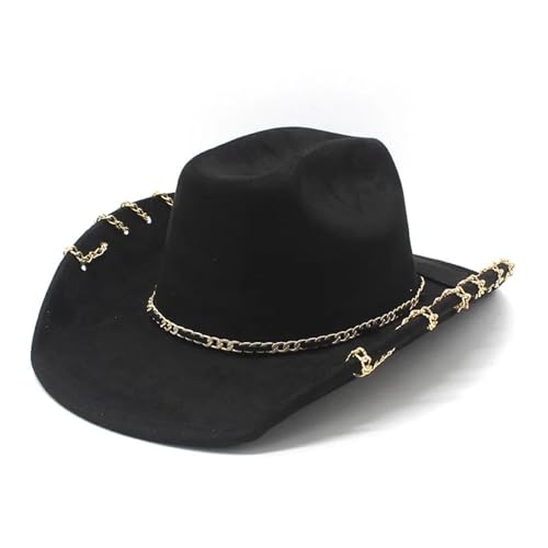 ROEUIPG Cowboyhut for Männer und Frauen mit Metallkette, breiter Krempe, Wildleder-Visier, Jazz-Kappe Für Junggesellinnenabschied, Halloween(Beige) von ROEUIPG