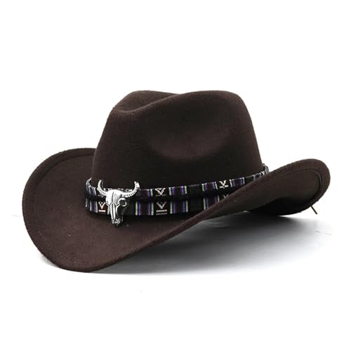 ROEUIPG Cowboyhut in 3 Größen, schwarzer Woll-Jazz-Zylinder mit Kuhkopfband, Herbst-Winter-Eltern-Kind-Fedora-Hüte, Party-Filzkappe Für Junggesellinnenabschied, Halloween(Color 01,XL(59-60cm)) von ROEUIPG