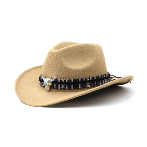ROEUIPG Cowboyhut in 3 Größen, schwarzer Woll-Jazz-Zylinder mit Kuhkopfband, Herbst-Winter-Eltern-Kind-Fedora-Hüte, Party-Filzkappe Für Junggesellinnenabschied, Halloween(Color 02,M(56-58cm)) von ROEUIPG