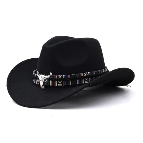 ROEUIPG Cowboyhut in 3 Größen, schwarzer Woll-Jazz-Zylinder mit Kuhkopfband, Herbst-Winter-Eltern-Kind-Fedora-Hüte, Party-Filzkappe Für Junggesellinnenabschied, Halloween(Color 03,M(56-58cm)) von ROEUIPG