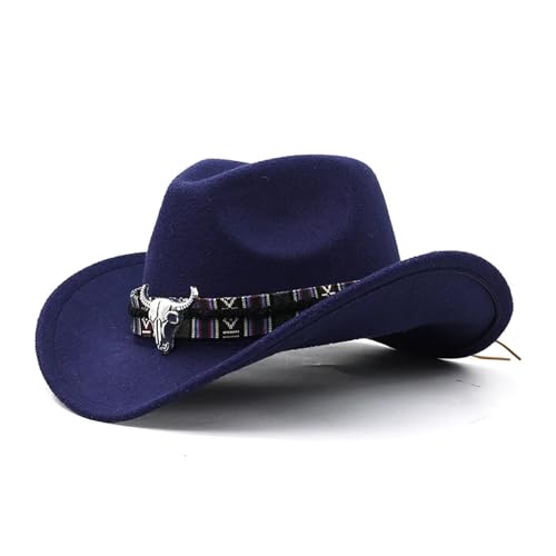 ROEUIPG Cowboyhut in 3 Größen, schwarzer Woll-Jazz-Zylinder mit Kuhkopfband, Herbst-Winter-Eltern-Kind-Fedora-Hüte, Party-Filzkappe Für Junggesellinnenabschied, Halloween(Color 06,XL(59-60cm)) von ROEUIPG