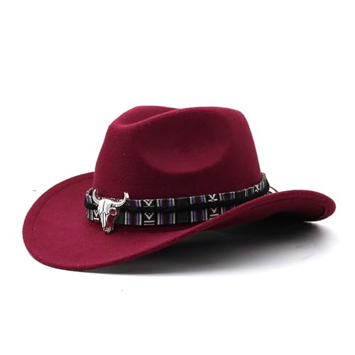 ROEUIPG Cowboyhut in 3 Größen, schwarzer Woll-Jazz-Zylinder mit Kuhkopfband, Herbst-Winter-Eltern-Kind-Fedora-Hüte, Party-Filzkappe Für Junggesellinnenabschied, Halloween(Color 07,M(56-58cm)) von ROEUIPG