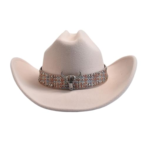 ROEUIPG Damen Retro Trendy Cowboyhut Dame Rosa Cowgirlhut Breite Krempe Jazz Caps Für Junggesellinnenabschied, Halloween(Beige) von ROEUIPG