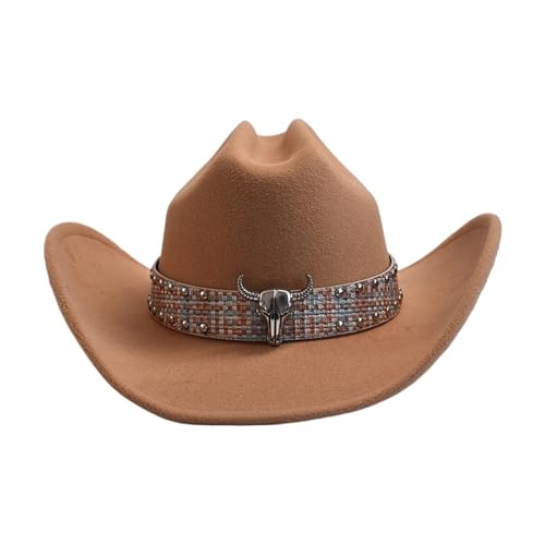 ROEUIPG Damen Retro Trendy Cowboyhut Dame Rosa Cowgirlhut Breite Krempe Jazz Caps Für Junggesellinnenabschied, Halloween(Camel) von ROEUIPG