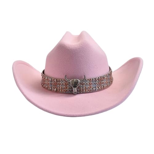 ROEUIPG Damen Retro Trendy Cowboyhut Dame Rosa Cowgirlhut Breite Krempe Jazz Caps Für Junggesellinnenabschied, Halloween(Pink) von ROEUIPG