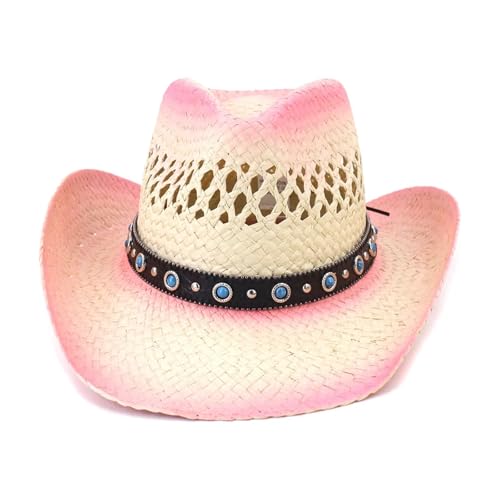 ROEUIPG Lila Damen Sommerhut Cowboyhut Handgefertigter weiblicher Sombrero mit breiter Krempe Sonnenschutz Strand Sonnenhüte Für Junggesellinnenabschied, Halloween(Pink) von ROEUIPG