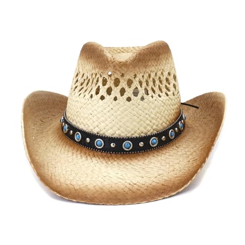 ROEUIPG Rosa Farbspritzpapier Stroh Cowboyhüte Sommer Männer Frauen Breite Krempe Sonnenschutzhut Strandkappe Mit Winddichtem Seil Für Junggesellinnenabschied, Halloween(Khaki) von ROEUIPG